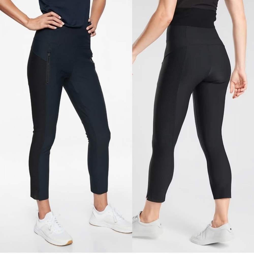 Athleta Stellar High Waisted Black Cropped Performance Pants Mesh Panel   Size S